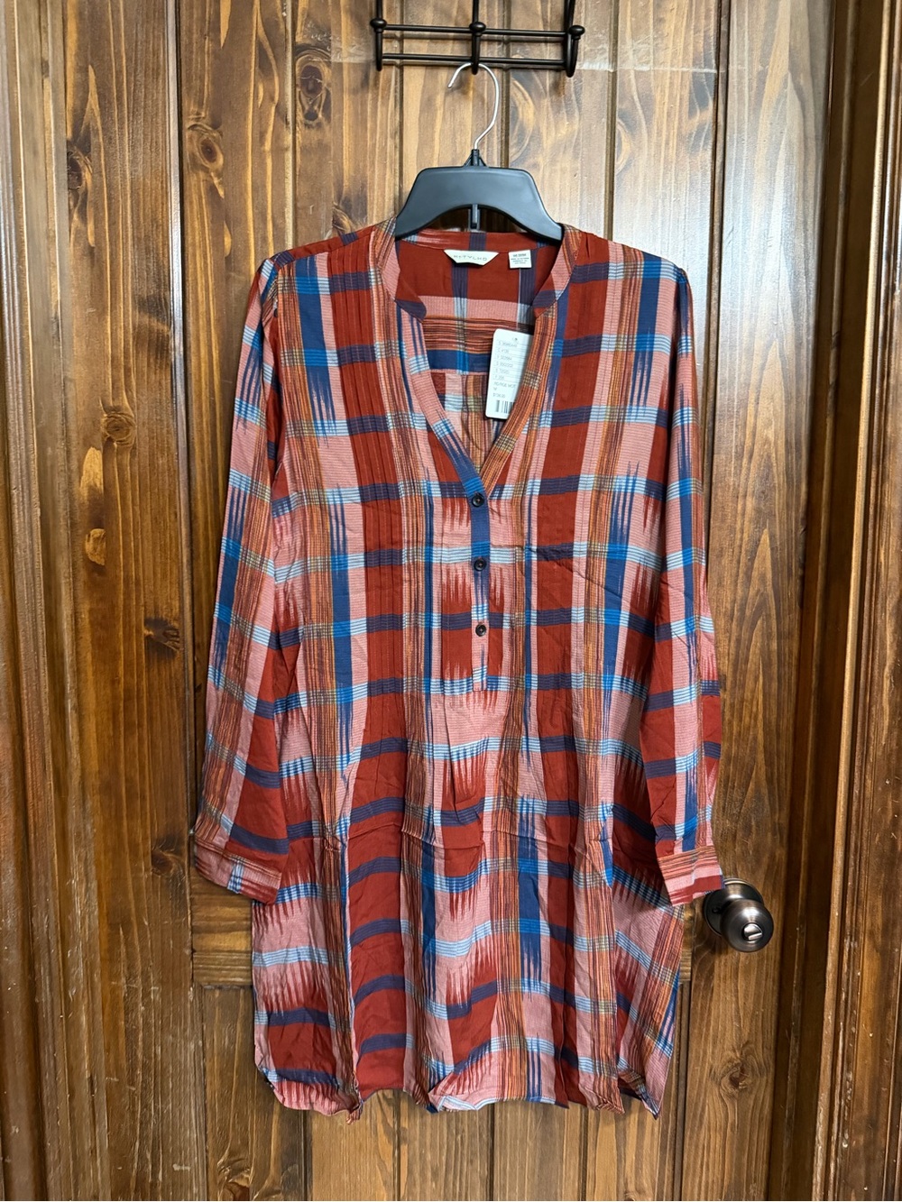 Plaid Tunic Shirt Dress in Rust and Blue